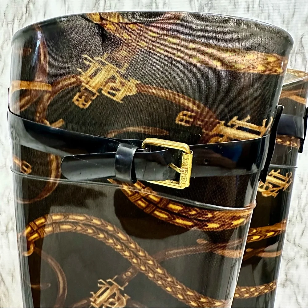 Ralph Lauren Black Gold Chain Horse Tack Pattern Rubber Rain Boots Farmcore